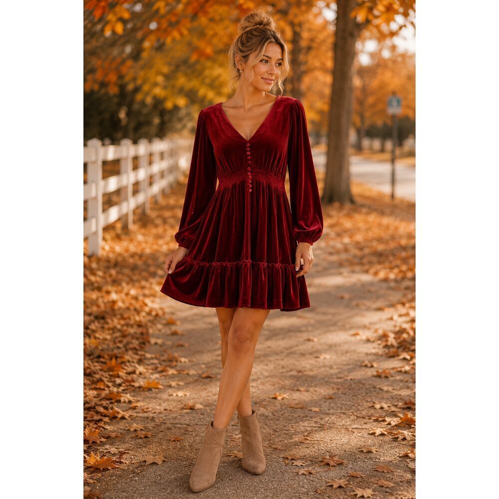 Taylor Rust Burgundy Velvet Babydoll Dress – Size 12